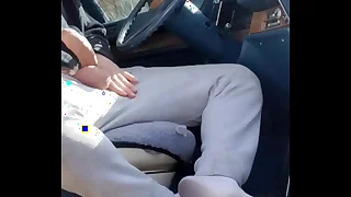 Beatnik having fun in the motor vehicle out in public&period;